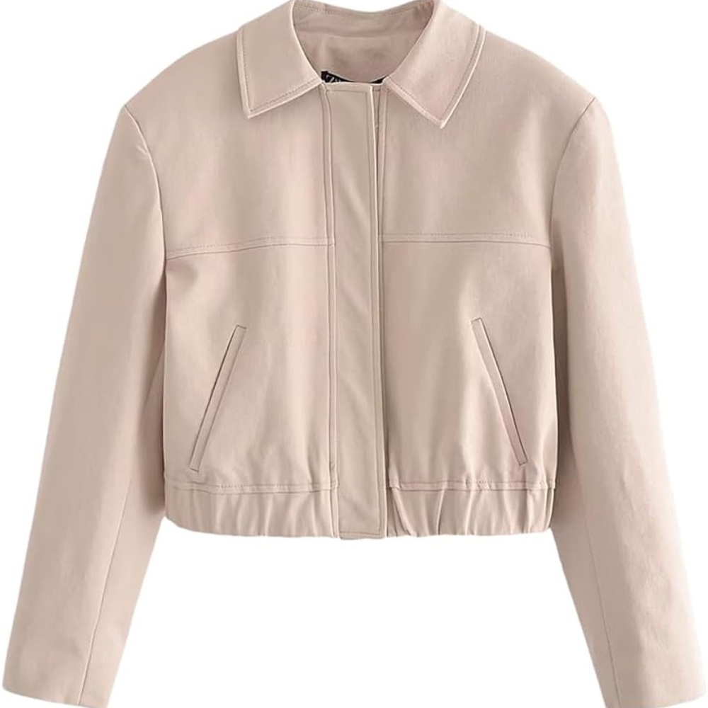 Zara Beige Elastic Trim Soft Bomber Padded Shoulders Jacket Womens Large